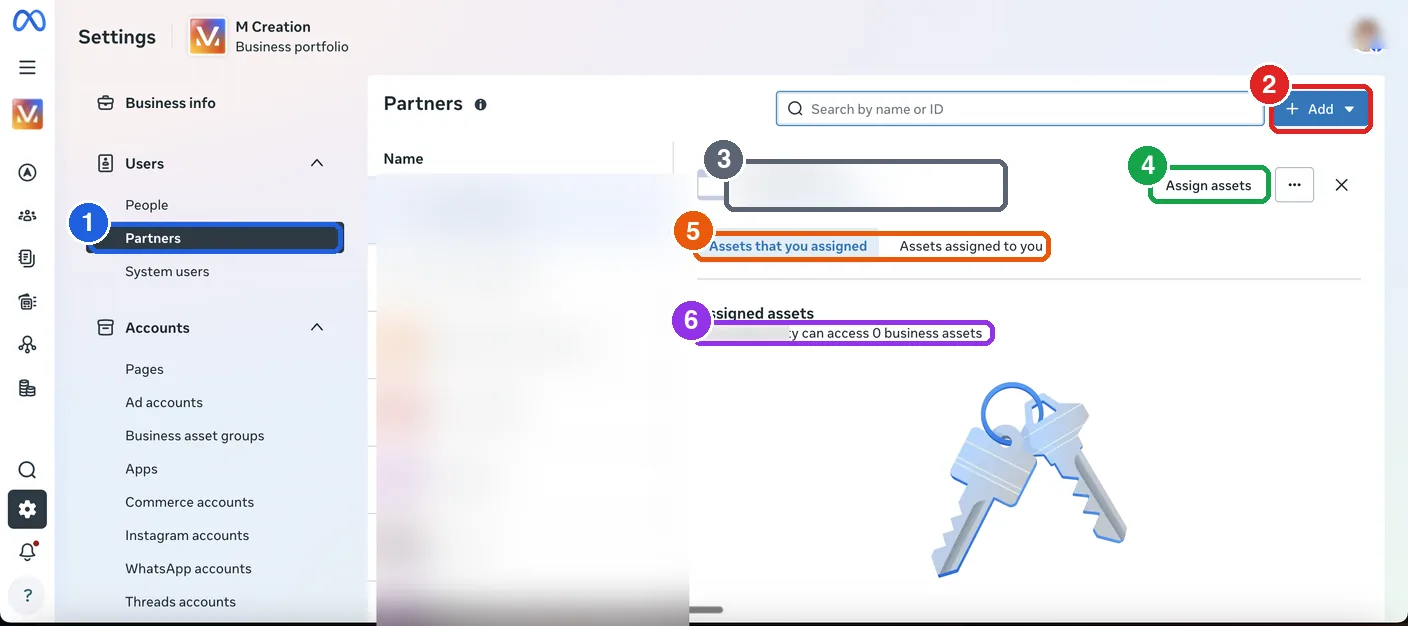 หน้า Settings ของพอร์ตโฟลิโอธุรกิจใน Meta Business Suite เมนู Users มีหัวข้อ Partners รายชื่อพาร์ตเนอร์ ปุ่ม Add มุมขวาบน ปุ่ม Assign assets และแท็บ Assets that you assigned กับ Assets assigned to you