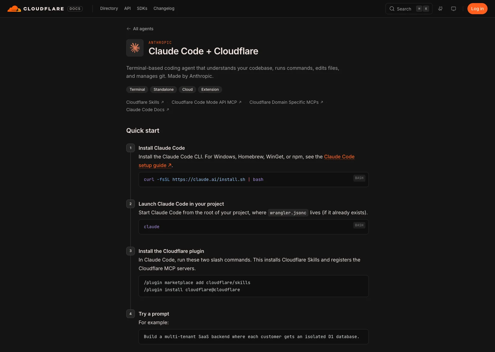 หน้า Claude Code + Cloudflare บน Cloudflare Docs แสดง Quick start 4 ขั้น ติดตั้ง Claude Code เปิดในโปรเจกต์ ติดตั้ง plugin และลองพรอมต์