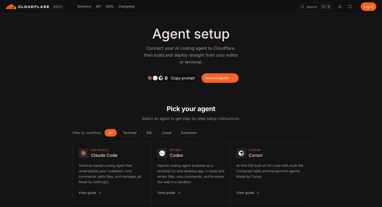 หน้า Agent setup ของ Cloudflare Docs มีปุ่ม Copy prompt และรายการเอเจนต์ให้เลือก เช่น Claude Code, Codex, Cursor