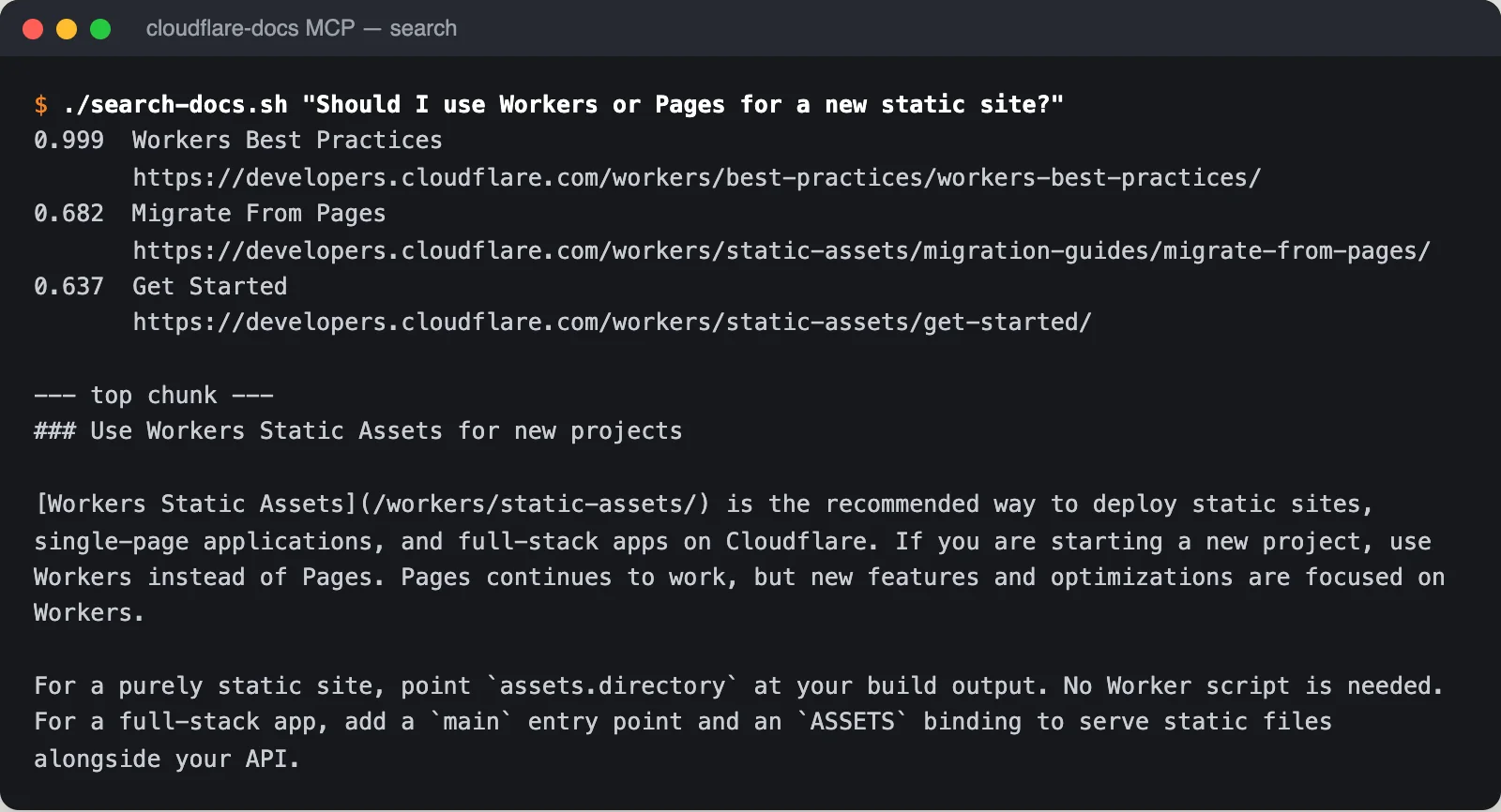 ผลค้นเอกสารผ่าน cloudflare-docs MCP ตอบว่าโปรเจกต์ใหม่ควรใช้ Workers Static Assets แทน Pages