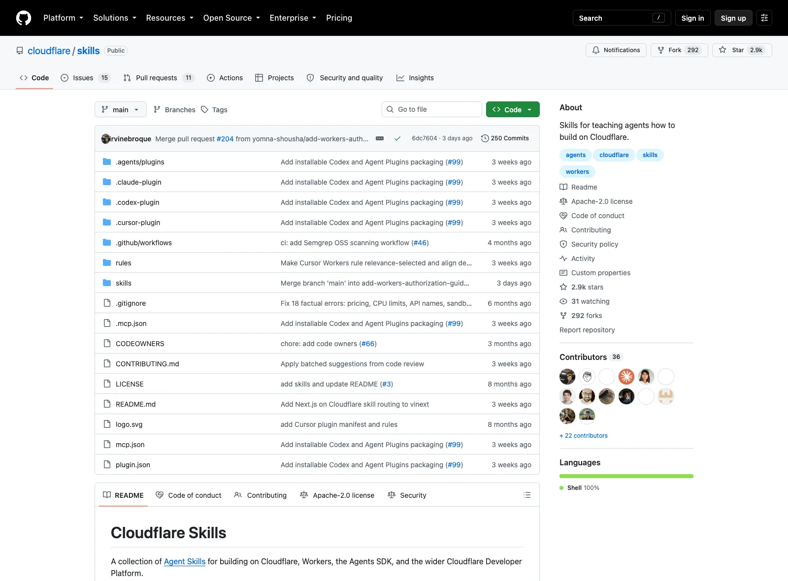 หน้า GitHub ของ repo cloudflare/skills แสดงโฟลเดอร์ skills, .claude-plugin, .mcp.json และ README หัวข้อ Cloudflare Skills