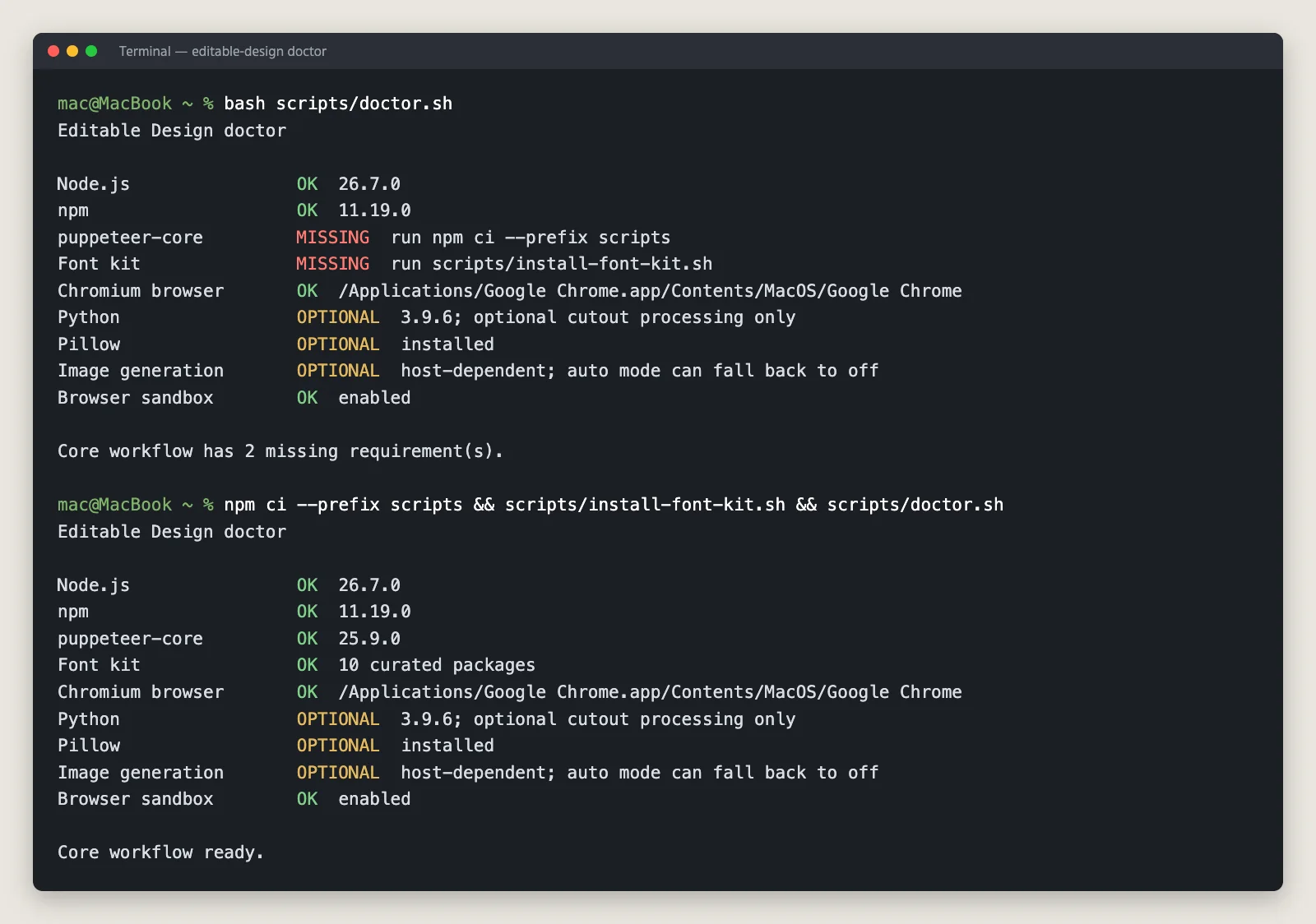 หน้าจอเทอร์มินัลรัน doctor.sh ของ editable-design สองรอบ รอบแรกขาด puppeteer-core และ font kit รอบหลังขึ้น Core workflow ready