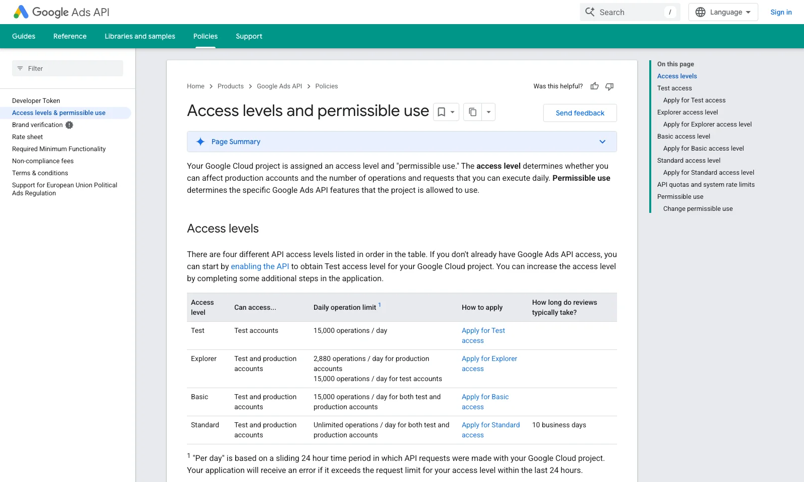 หน้าเอกสาร Access levels and permissible use ของ Google Ads API แสดงตาราง 4 ระดับ Test, Explorer, Basic, Standard พร้อมจำนวน operations ต่อวัน
