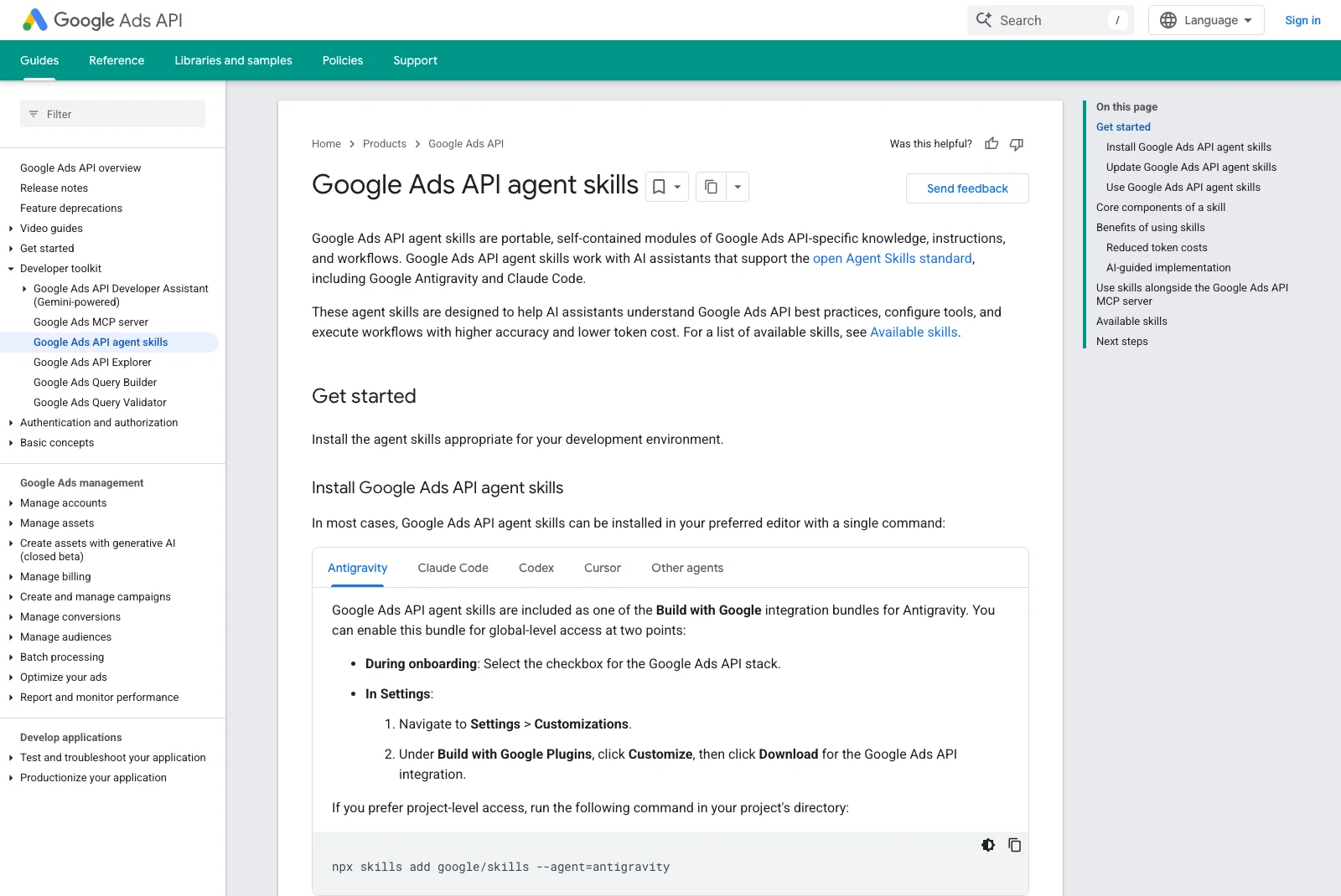 หน้าเอกสาร Google Ads API agent skills บน developers.google.com แสดงวิธีติดตั้งสกิลสำหรับ Antigravity, Claude Code, Codex และ Cursor