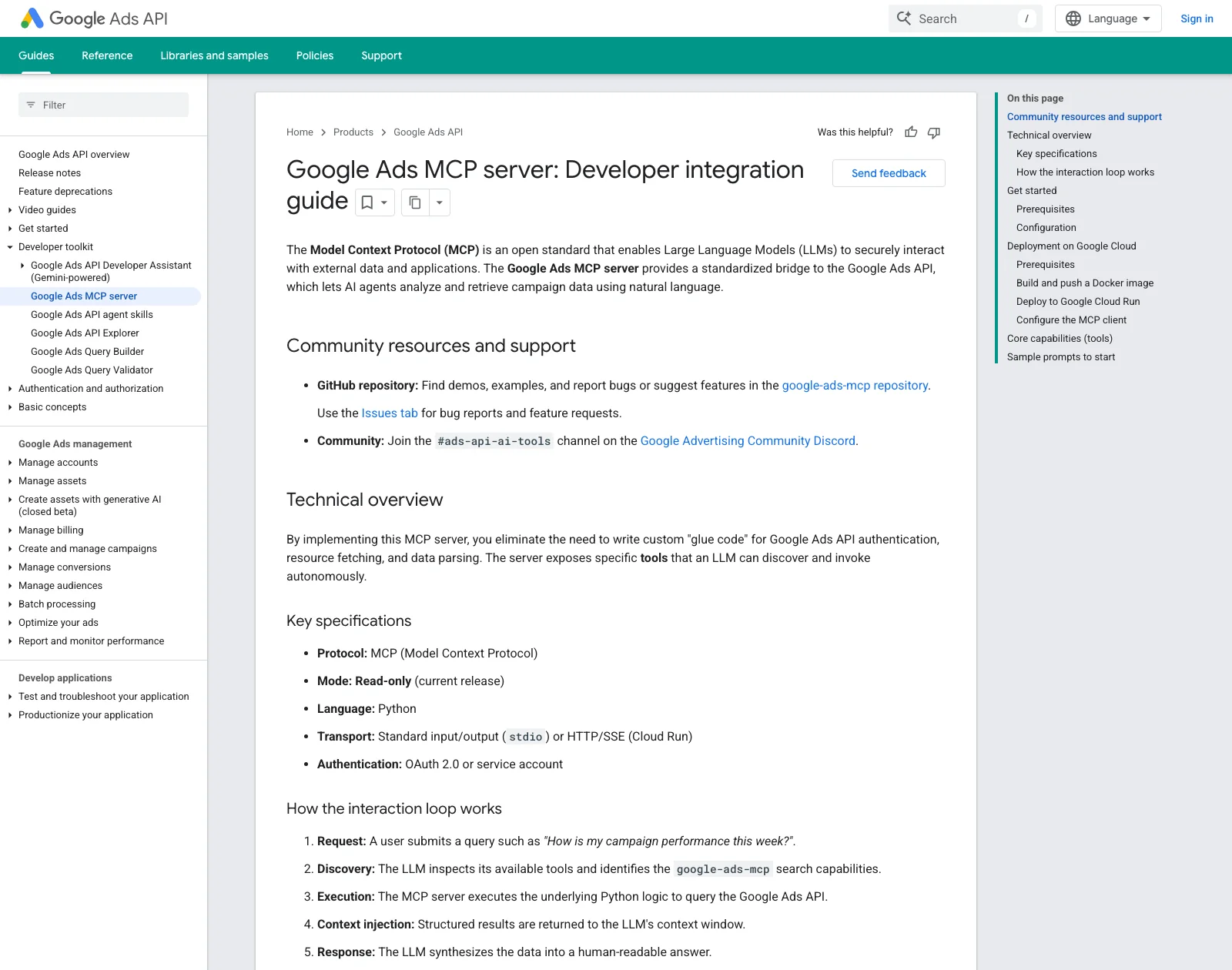 หน้าเอกสาร Google Ads MCP server Developer integration guide ระบุ Mode Read-only, Transport stdio หรือ HTTP/SSE และขั้นตอนการทำงานของ MCP 5 ขั้น