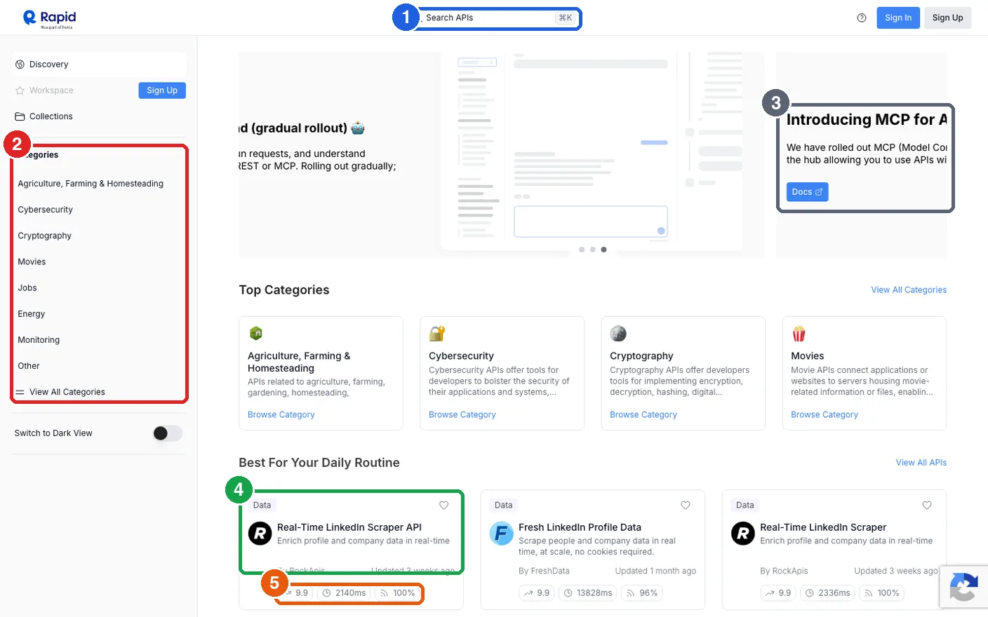 หน้าแรก RapidAPI Hub ตลาดกลาง API มีช่องค้นหา API หมวดหมู่ด้านซ้าย ประกาศเปิดใช้ MCP บน Hub และการ์ด API ดึงข้อมูลพร้อมคะแนนความนิยม เวลาตอบกลับ และอัตราสำเร็จ