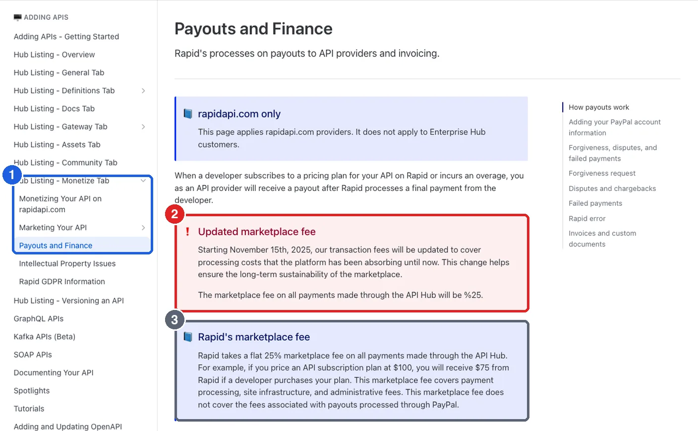 หน้าเอกสาร RapidAPI Payouts and Finance ระบุว่า Rapid หักค่าธรรมเนียมตลาดกลาง 25% จากทุกการจ่ายเงิน ตัวอย่างแผน 100 ดอลลาร์ เจ้าของ API ได้รับ 75 ดอลลาร์