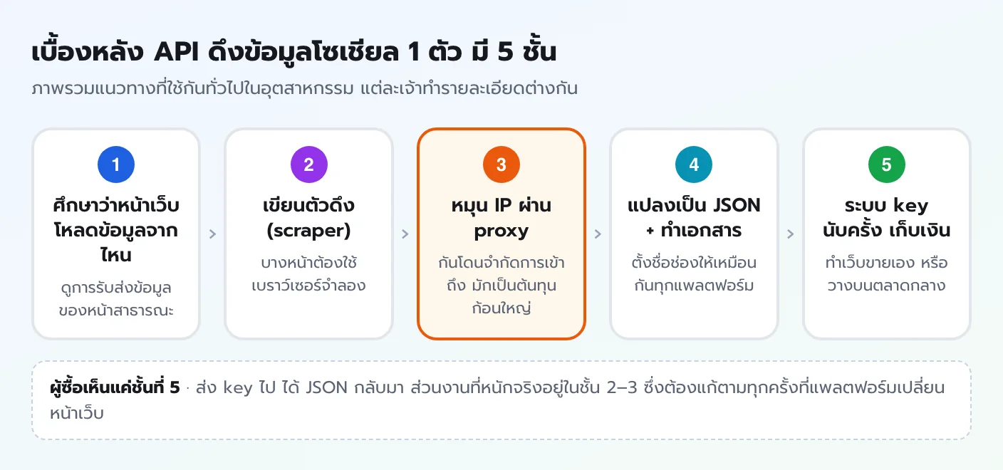 แผนภาพเบื้องหลัง API ดึงข้อมูลโซเชียล 5 ชั้น ศึกษาว่าหน้าเว็บโหลดข้อมูลจากไหน เขียนตัวดึง scraper หมุน IP ผ่าน proxy แปลงเป็น JSON และทำระบบ key นับครั้ง เก็บเงิน