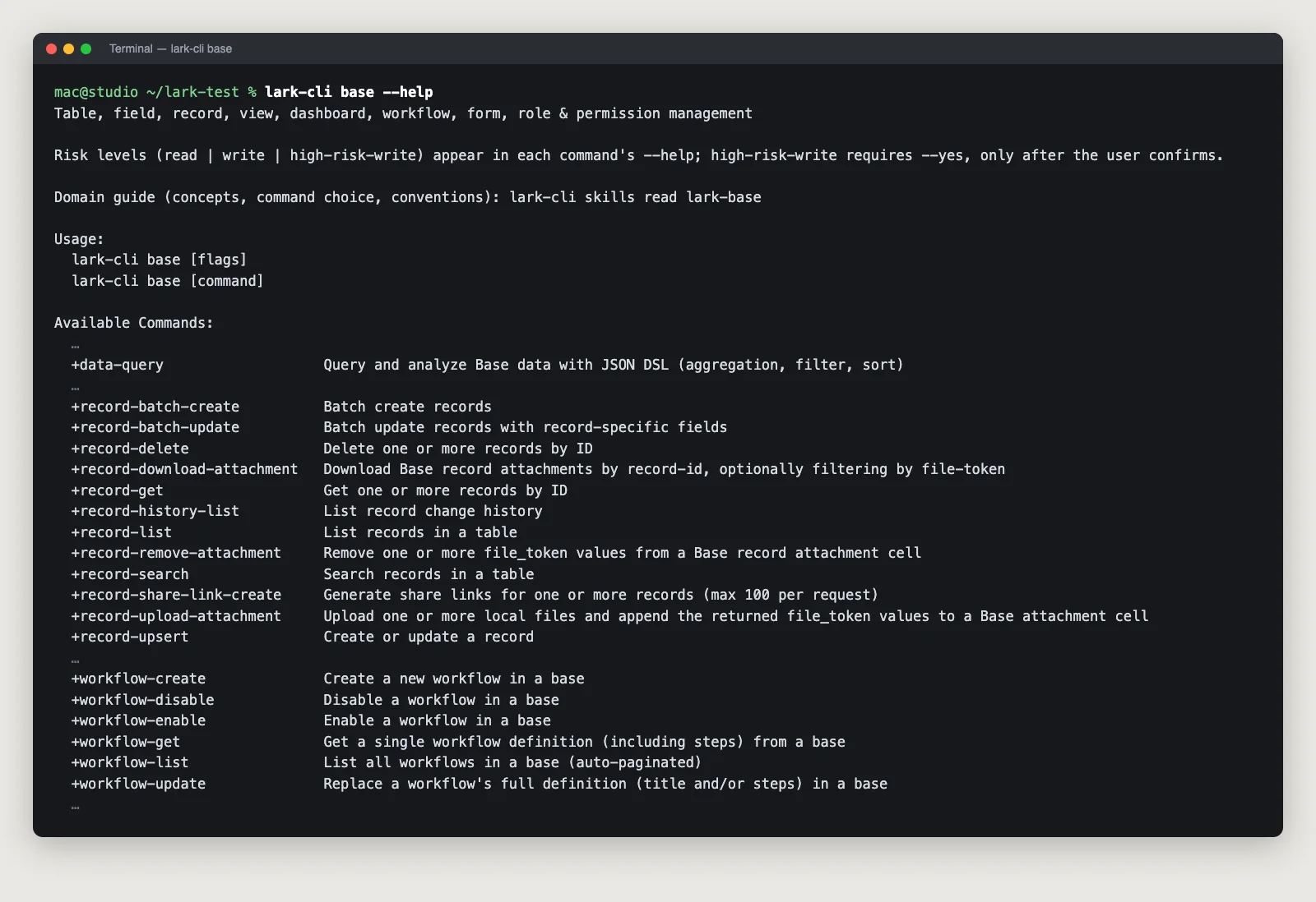 หน้าจอเทอร์มินัลแสดงผล lark-cli base --help บางส่วน มีคำสั่ง +data-query, กลุ่ม +record เช่น batch-create, search, upsert และกลุ่ม +workflow