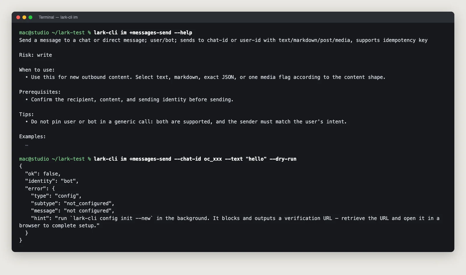 หน้าจอเทอร์มินัลแสดง lark-cli im +messages-send --help ระบุ Risk: write และให้ยืนยันผู้รับกับเนื้อหาก่อนส่ง ตามด้วยผลคำสั่ง --dry-run ที่ตอบกลับ error type config subtype not_configured