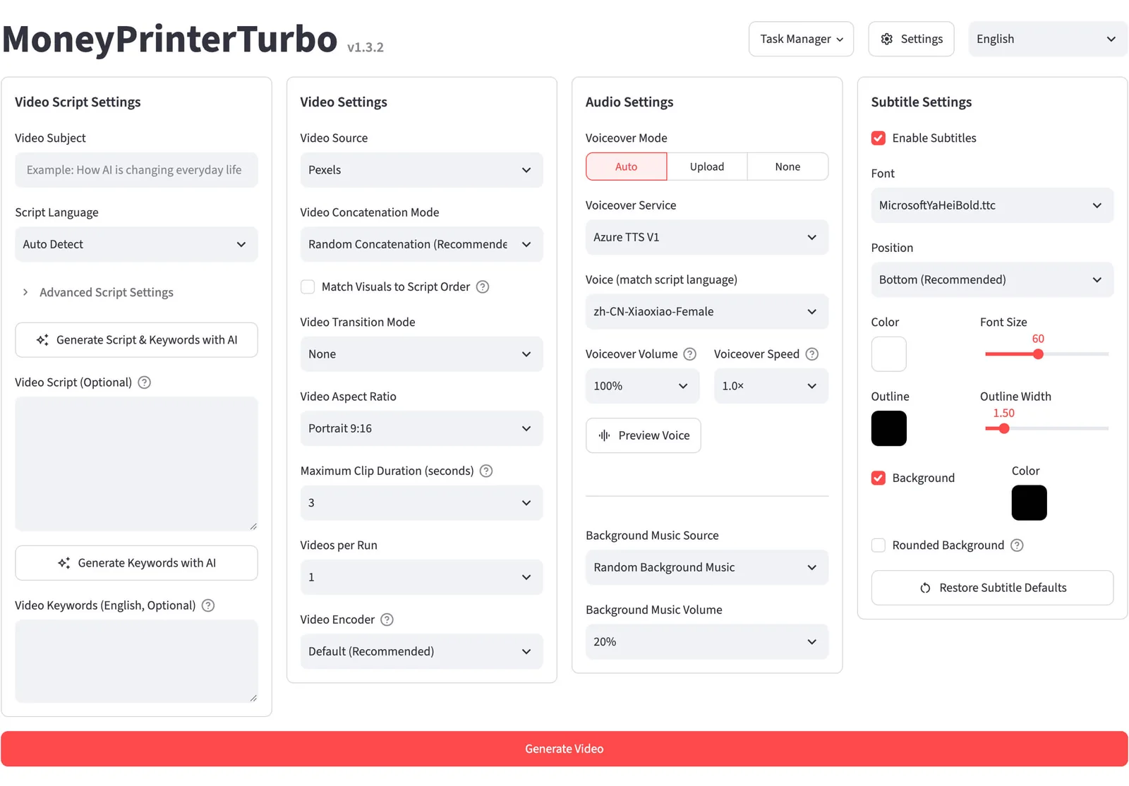 หน้า WebUI ของ MoneyPrinterTurbo v1.3.2 แบ่งเป็น 4 คอลัมน์ ได้แก่ Video Script Settings, Video Settings, Audio Settings และ Subtitle Settings พร้อมปุ่ม Generate Video