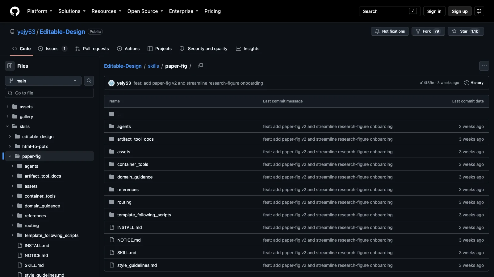 หน้า GitHub ของโฟลเดอร์ skills/paper-fig ใน repo yejy53/Editable-Design แสดงโฟลเดอร์ agents, artifact_tool_docs, container_tools, references และไฟล์ SKILL.md, INSTALL.md