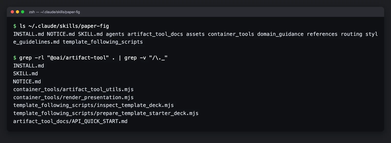 หน้าจอเทอร์มินัลแสดงไฟล์ในโฟลเดอร์สกิล paper-fig และผล grep ที่เจอ @oai/artifact-tool ใน 8 ไฟล์ รวม SKILL.md และสคริปต์ render_presentation.mjs
