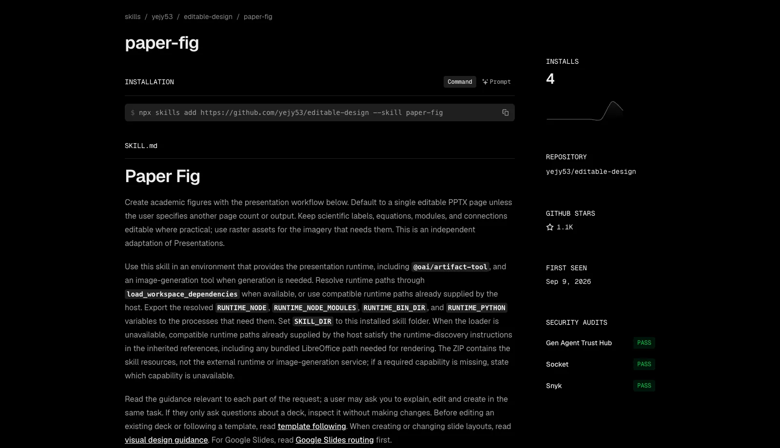 หน้า paper-fig บน skills.sh แสดงคำสั่งติดตั้ง npx skills add ยอดติดตั้ง 4 ครั้ง ดาว GitHub 1.1K และผลตรวจความปลอดภัยผ่านทั้ง 3 ราย