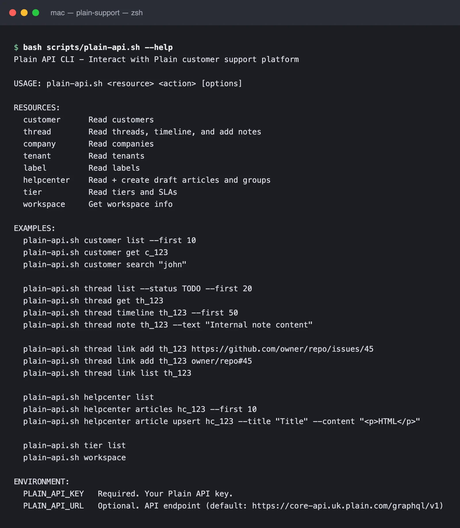 หน้าจอเทอร์มินัลแสดงผลคำสั่ง plain-api.sh --help รายการ resource customer, thread, company, tenant, label, helpcenter, tier, workspace พร้อมตัวอย่างคำสั่ง