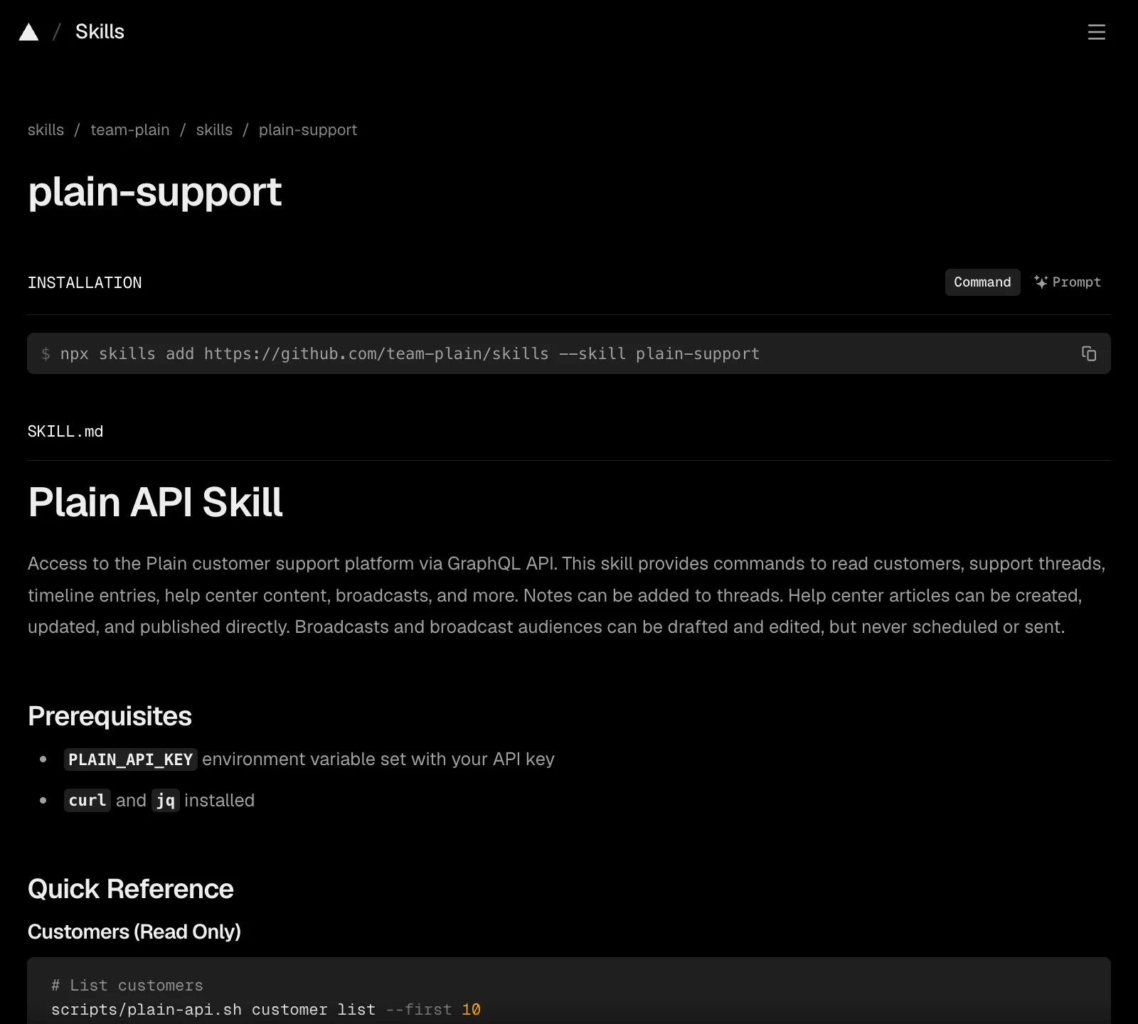 หน้า plain-support บน skills.sh แสดงคำสั่งติดตั้ง npx skills add พร้อมคำอธิบาย Plain API Skill และข้อกำหนด PLAIN_API_KEY, curl, jq