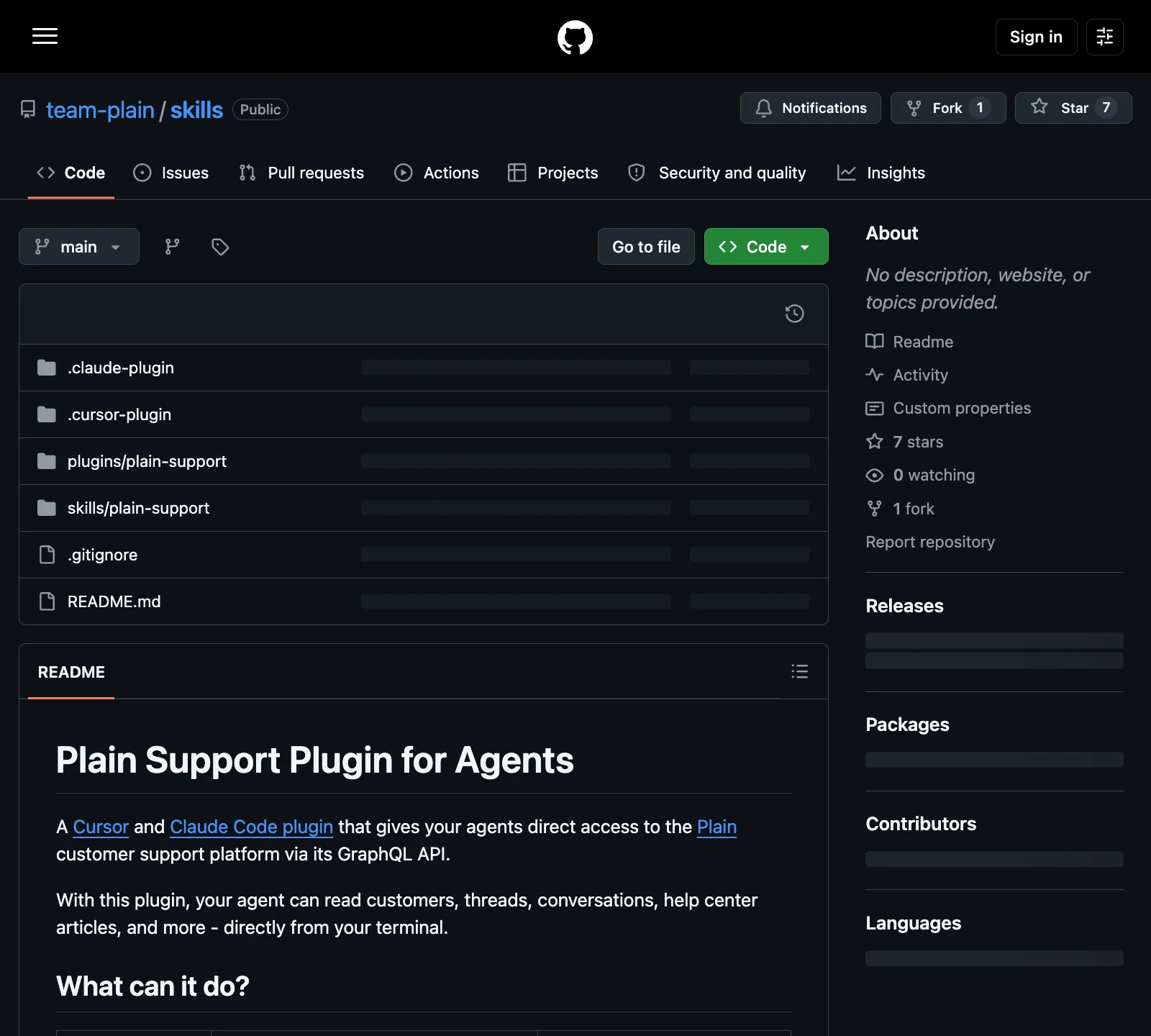 หน้า GitHub ของ repo team-plain/skills แสดงโฟลเดอร์ .claude-plugin, .cursor-plugin, plugins/plain-support, skills/plain-support และ README หัวข้อ Plain Support Plugin for Agents