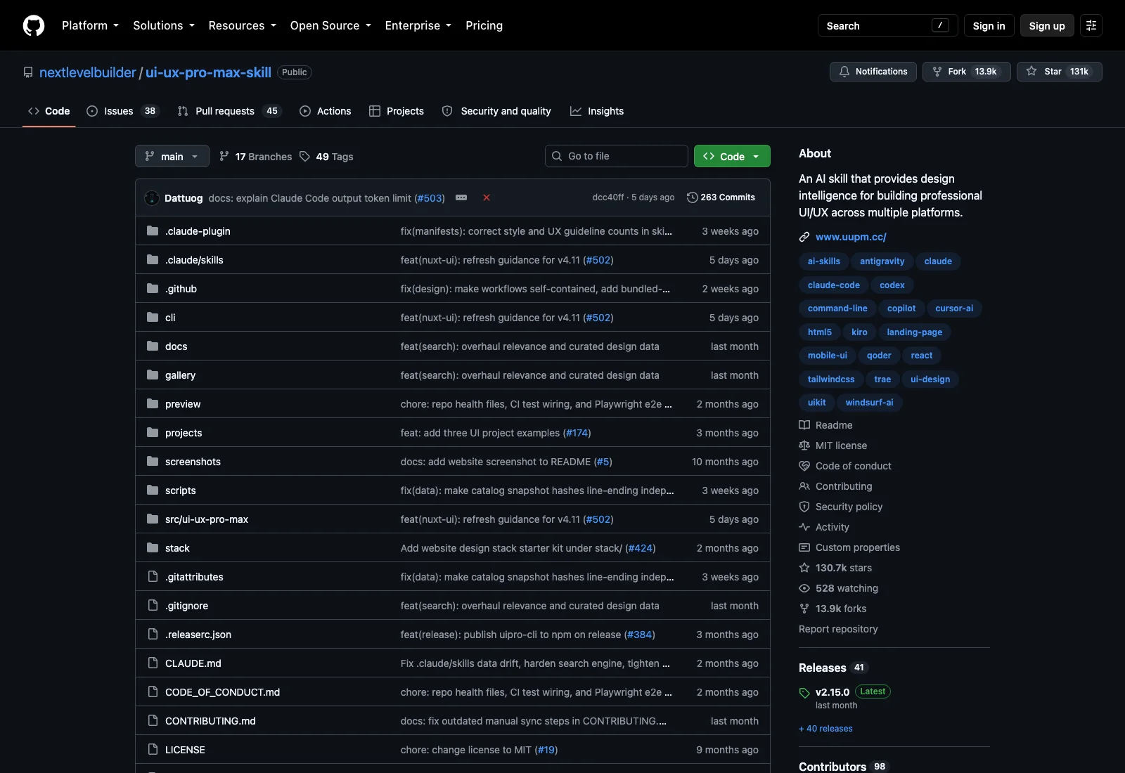 หน้า GitHub ของ repo nextlevelbuilder/ui-ux-pro-max-skill แสดงรายการโฟลเดอร์ ดาว 130.7k fork 13.9k MIT license และ release ล่าสุด v2.15.0