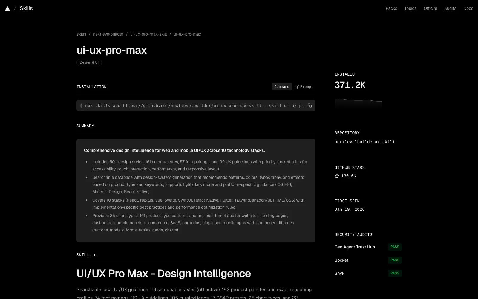 หน้า ui-ux-pro-max บน skills.sh แสดงคำสั่งติดตั้ง npx skills add ยอดติดตั้ง 371.2K ดาว GitHub 130.6K และผลตรวจความปลอดภัยผ่านทั้ง 3 เจ้า