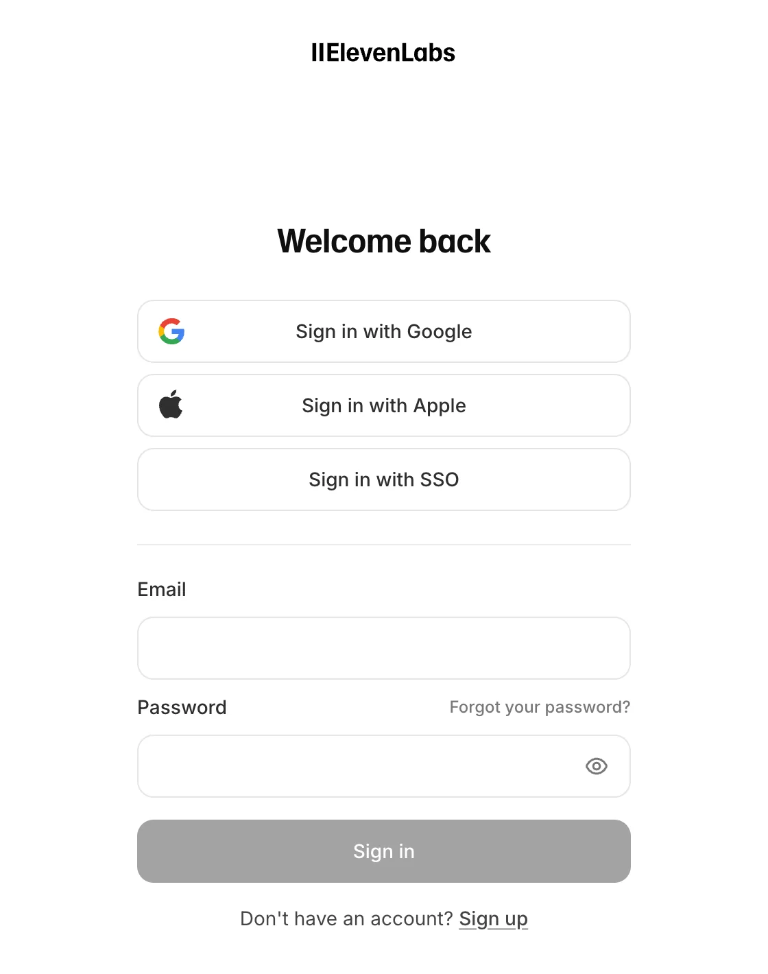 หน้าล็อกอินของ ElevenLabs ที่ขึ้นมาเมื่อเปิดลิงก์หน้า API keys โดยยังไม่ได้เข้าสู่ระบบ