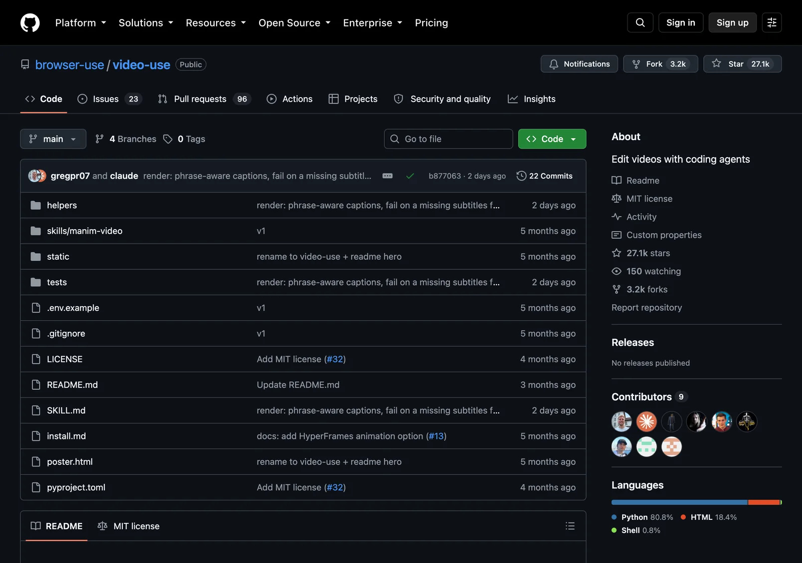หน้า GitHub ของ repo browser-use/video-use แสดงรายการไฟล์ helpers, SKILL.md, install.md และคำอธิบาย Edit videos with coding agents