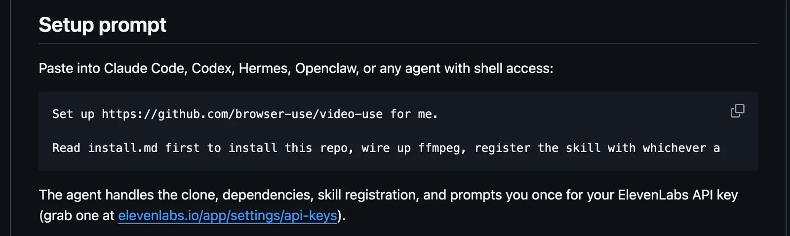 ส่วน Setup prompt ใน README ของ video-use บน GitHub พร้อมข้อความพรอมต์สำหรับวางใน Claude Code, Codex หรือเอเจนต์อื่น