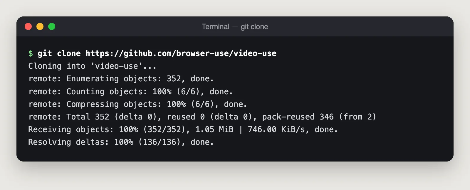 หน้าจอเทอร์มินัลแสดงผลคำสั่ง git clone repo video-use สำเร็จ ดาวน์โหลด 352 objects ขนาด 1.05 MiB