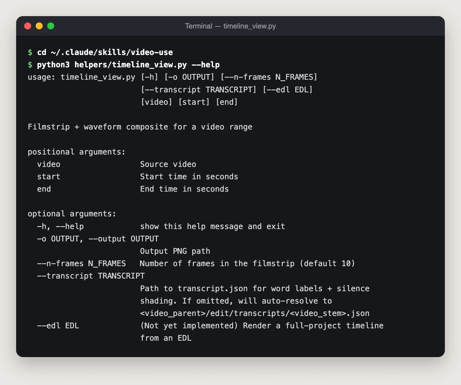 หน้าจอเทอร์มินัลแสดงผลคำสั่ง python3 helpers/timeline_view.py --help พร้อมตัวเลือก output, n-frames และ transcript
