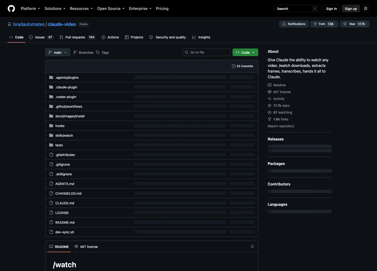 หน้า GitHub ของ repo bradautomates/claude-video แสดงโฟลเดอร์ skills/watch, .claude-plugin, .codex-plugin และคำอธิบาย Give Claude the ability to watch any video
