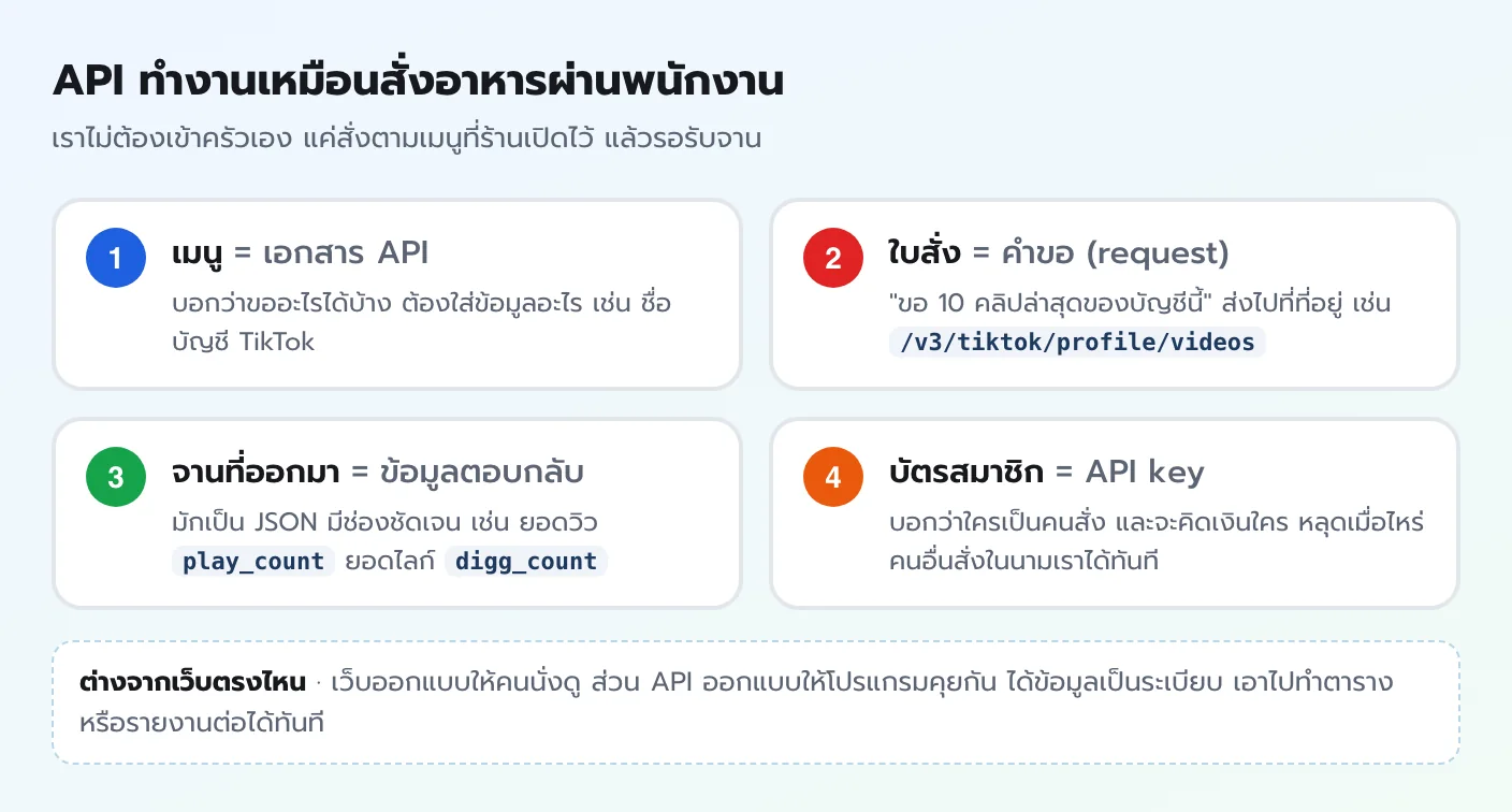 แผนภาพเปรียบเทียบ API กับการสั่งอาหาร เมนูคือเอกสาร API ใบสั่งคือคำขอ request จานที่ออกมาคือข้อมูลตอบกลับแบบ JSON และบัตรสมาชิกคือ API key