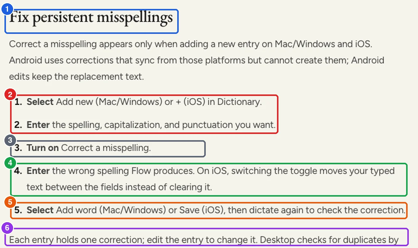 หน้าคู่มือ Wispr Flow วิธีแก้คำที่ถอดผิดซ้ำ ๆ ด้วยการเพิ่มคำใน Dictionary แล้วเปิด Correct a misspelling ใส่คำผิดที่ Flow พิมพ์ออกมา