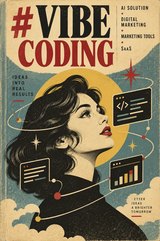 ปกหนังสือ #VIBE CODING AI Solution และ Digital Marketing ภาพผู้หญิงสไตล์วินเทจกับหน้าจอโค้ด