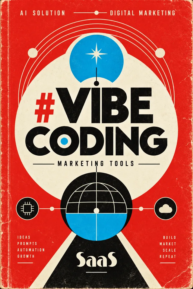 ปกหนังสือ #VIBE CODING Marketing Tools และ SaaS สไตล์โปสเตอร์เรโทรสีแดง