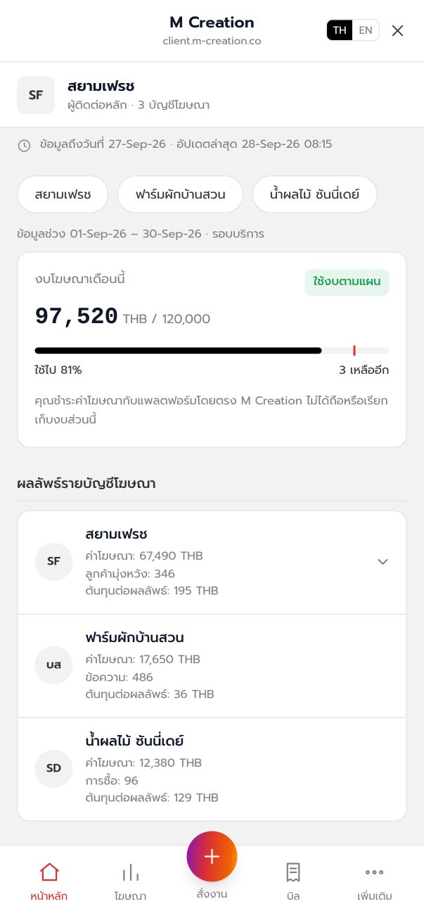 พอร์ทัลลูกค้า M Creation บน LINE: เปิด LINE เห็นงบและผลลัพธ์ทันที